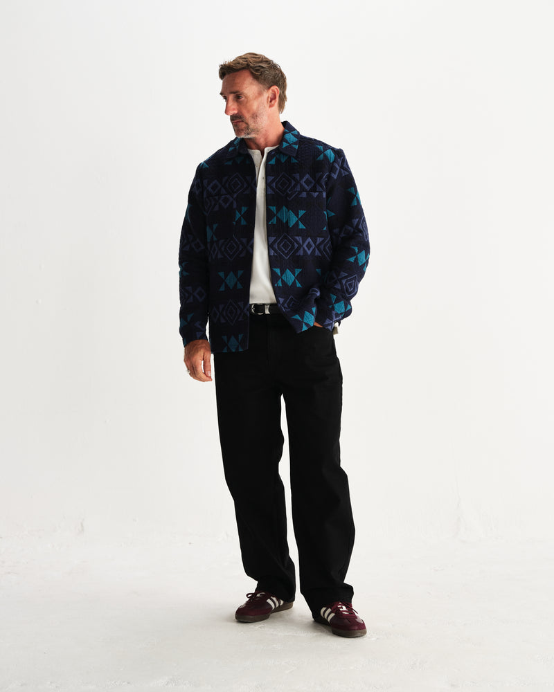 wax london men's Otto - Navy And Teal Blanket Quilted Overshirt