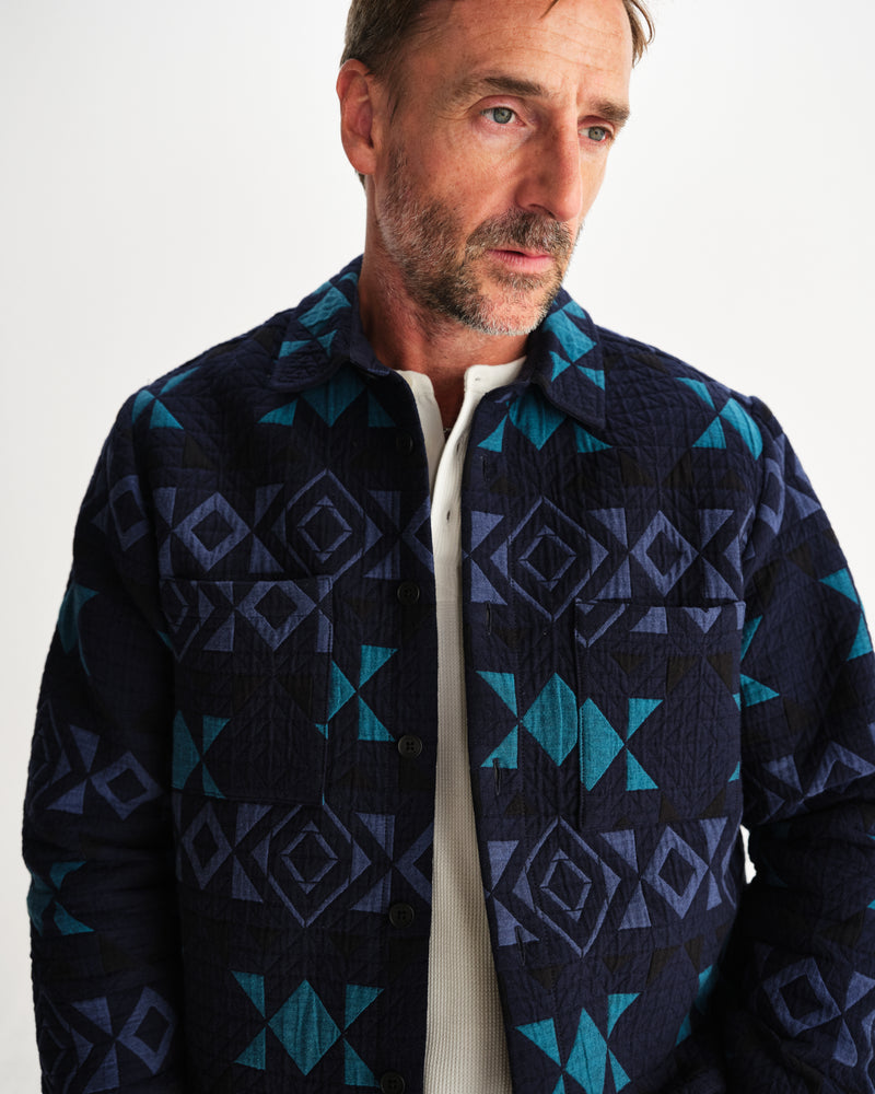 wax london men's Otto - Navy And Teal Blanket Quilted Overshirt