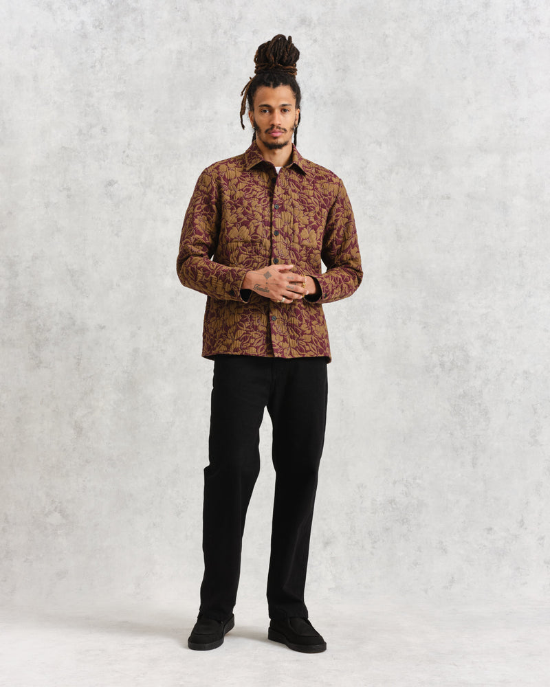 wax london Otto Overshirt Khaki/Burgundy Floral Quilt