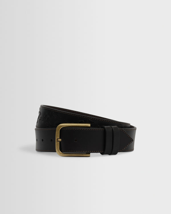 wax london men's Paton - Dark Brown Embroidered Leather Belt