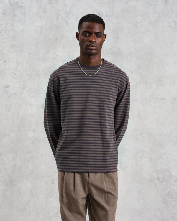 wax london Peak - Charcoal Striped Textured Organic Cotton T-Shirt