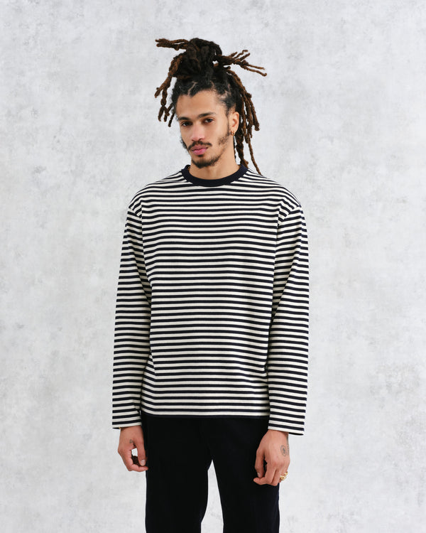 wax london Peak - Ecru Striped Textured Organic Cotton T-Shirt