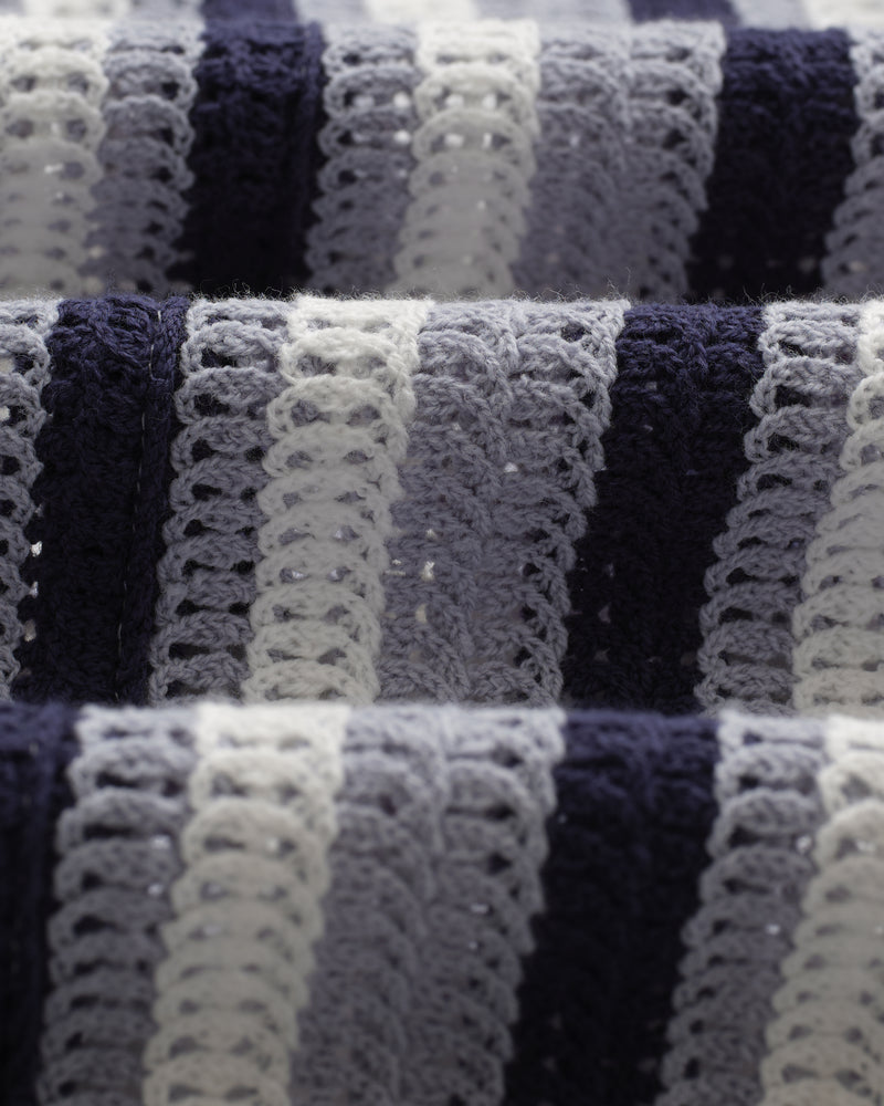 wax london Porto - Blue And Ecru Stripe Crochet Knitted Polo Shirt