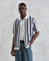 wax london Porto - Blue And Ecru Stripe Crochet Knitted Polo Shirt