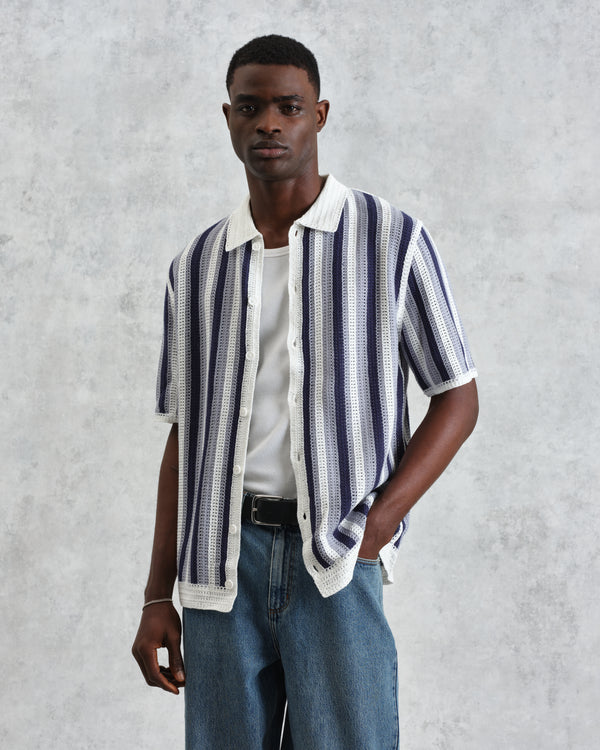wax london Porto - Blue And Ecru Stripe Crochet Knitted Polo Shirt