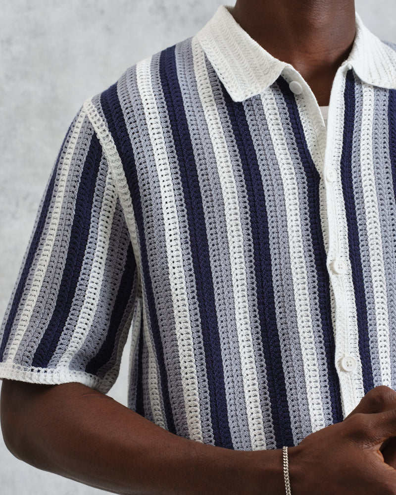 wax london Porto - Blue And Ecru Stripe Crochet Knitted Polo Shirt