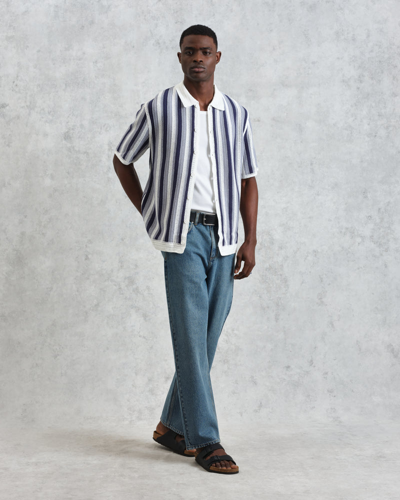 wax london Porto - Blue And Ecru Stripe Crochet Knitted Polo Shirt