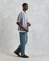 wax london Porto - Blue And Ecru Stripe Crochet Knitted Polo Shirt