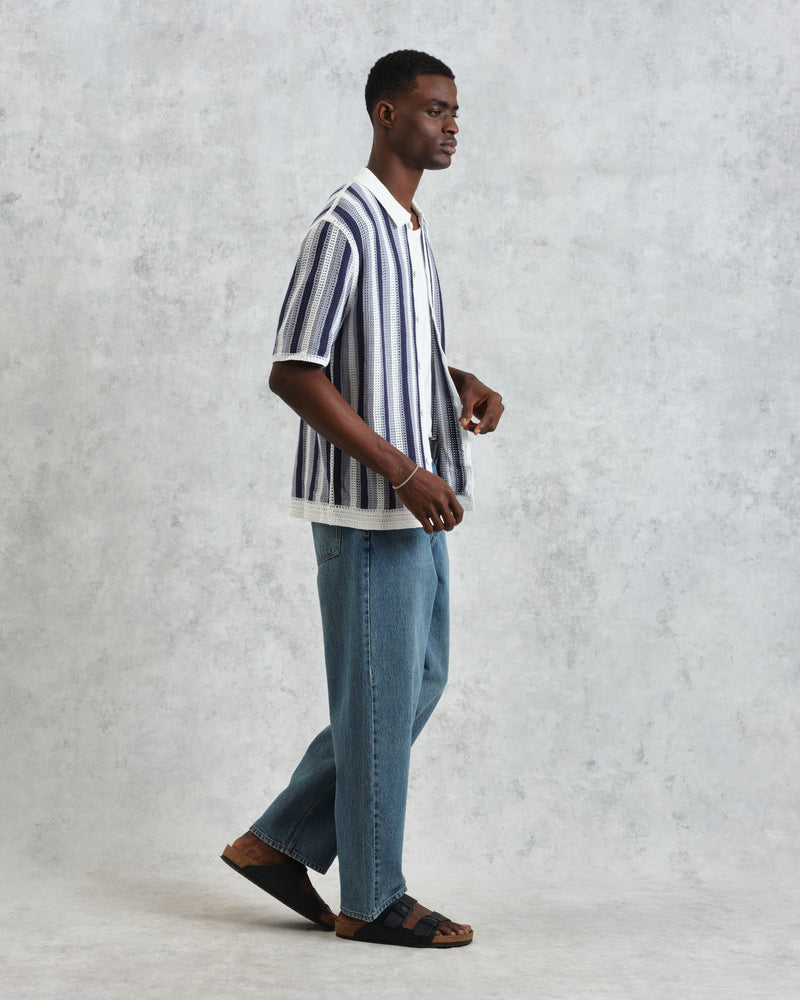 wax london Porto - Blue And Ecru Stripe Crochet Knitted Polo Shirt