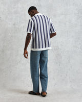 wax london Porto - Blue And Ecru Stripe Crochet Knitted Polo Shirt