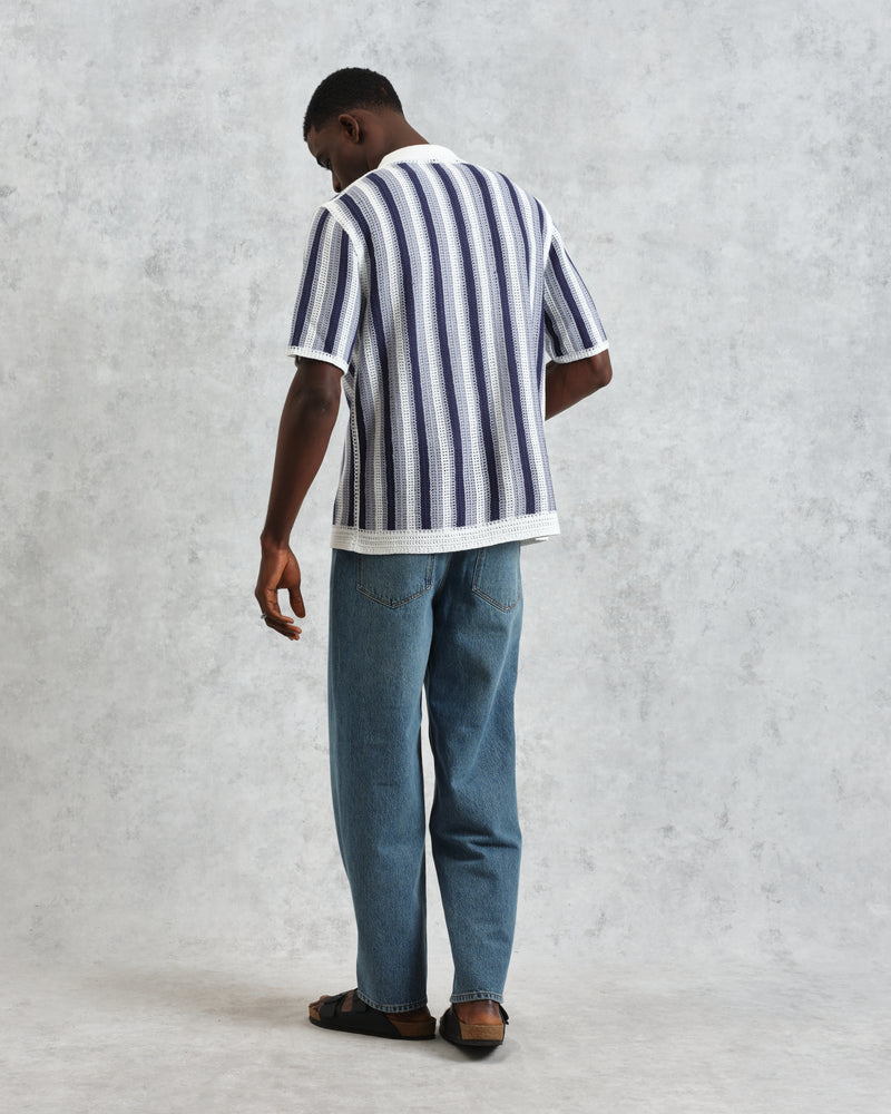 wax london Porto - Blue And Ecru Stripe Crochet Knitted Polo Shirt