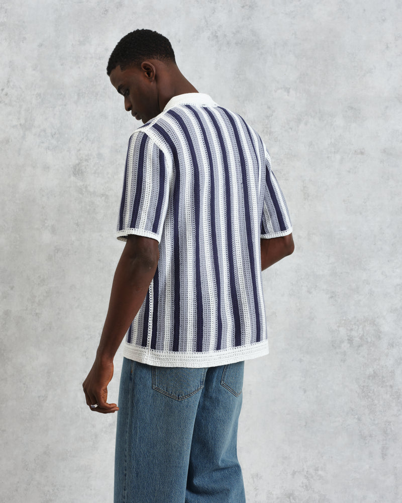 wax london Porto - Blue And Ecru Stripe Crochet Knitted Polo Shirt