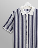 wax london Porto - Blue And Ecru Stripe Crochet Knitted Polo Shirt