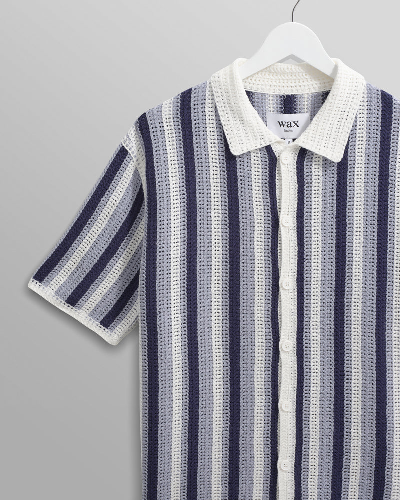 wax london Porto - Blue And Ecru Stripe Crochet Knitted Polo Shirt