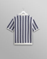 wax london Porto - Blue And Ecru Stripe Crochet Knitted Polo Shirt