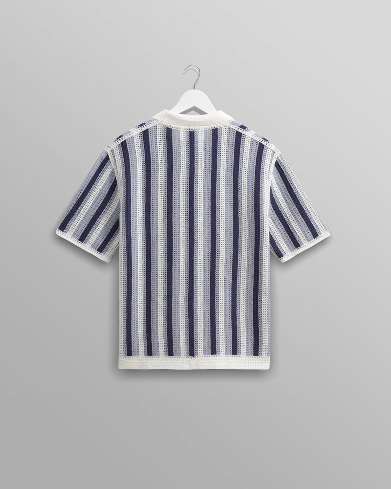 wax london Porto - Blue And Ecru Stripe Crochet Knitted Polo Shirt
