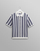 wax london Porto - Blue And Ecru Stripe Crochet Knitted Polo Shirt