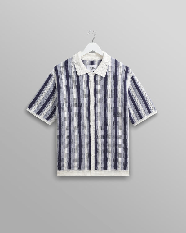 wax london Porto - Blue And Ecru Stripe Crochet Knitted Polo Shirt