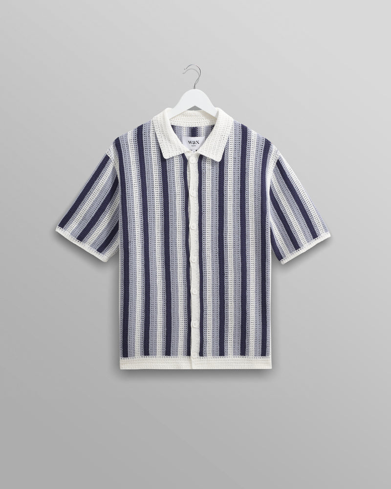 wax london Porto - Blue And Ecru Stripe Crochet Knitted Polo Shirt