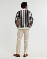 wax london men's Porto - Ecru And Black Stripe Crochet Knitted Shirt