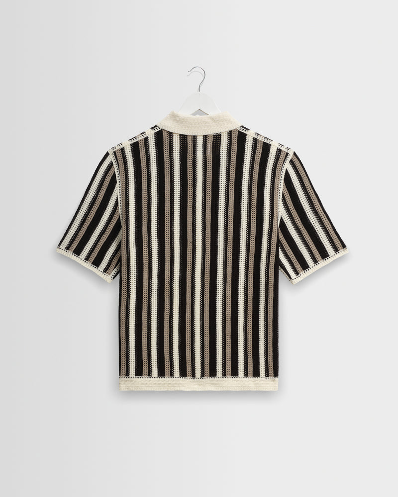 Men's Ecru And Black Stripe Crochet Knitted Shirt | Wax London