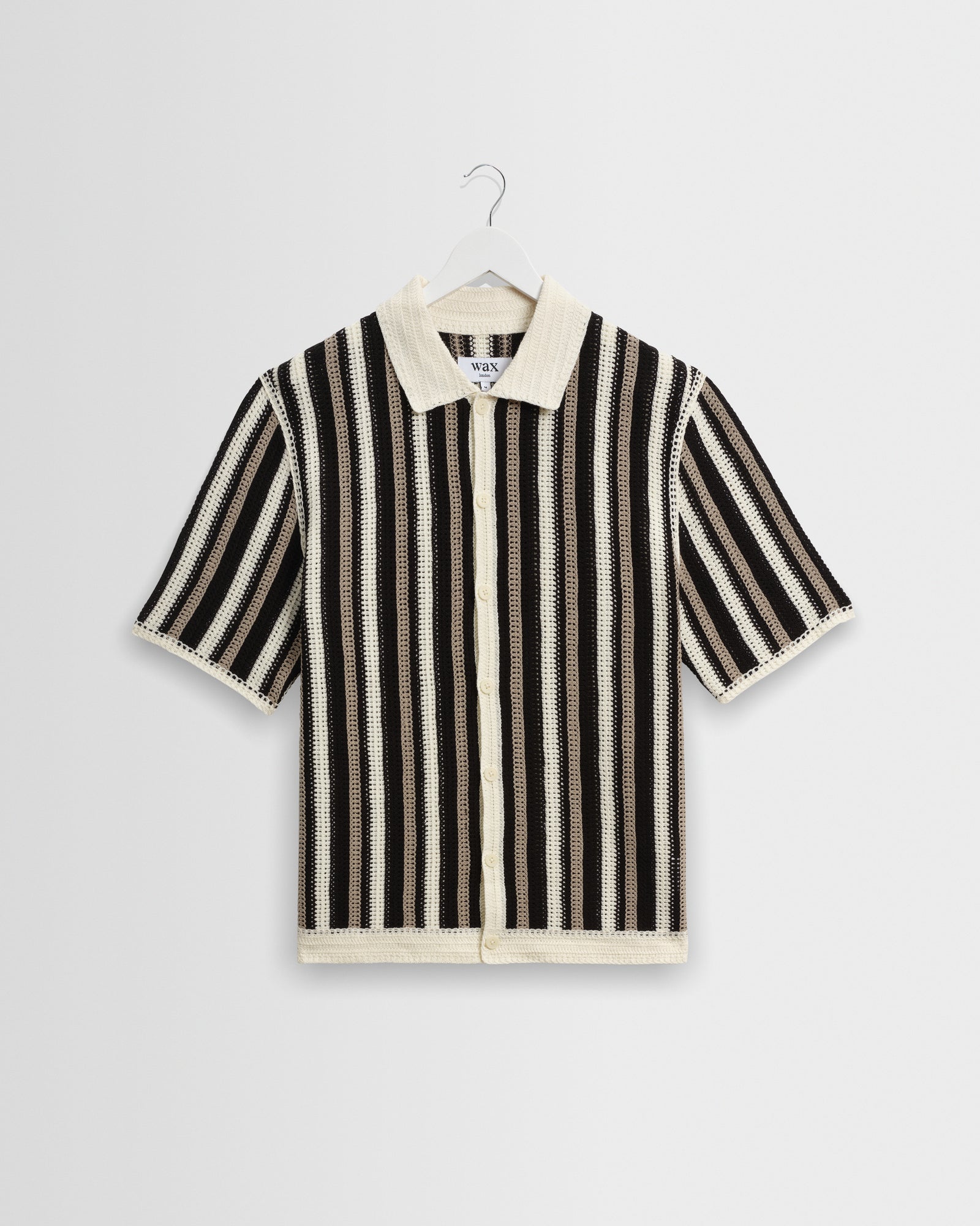 Men's Ecru And Black Stripe Crochet Knitted Shirt | Wax London