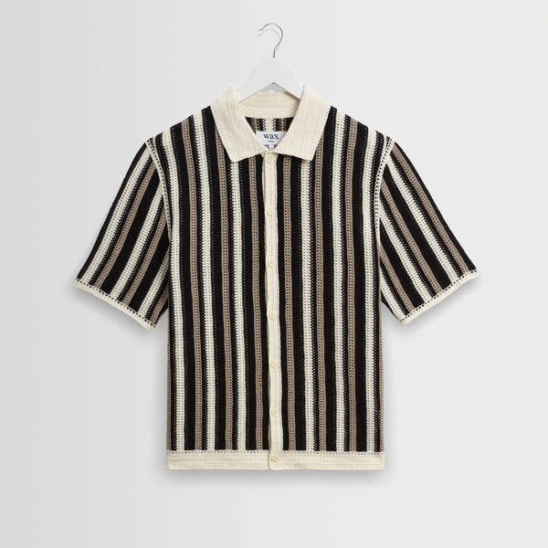 Men's Ecru And Black Stripe Crochet Knitted Shirt | Wax London