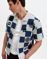 Porto - Ecru And Blue Square Crochet Knitted Shirt