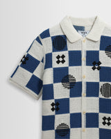 Porto - Ecru And Blue Square Crochet Knitted Shirt
