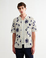 wax london men's Porto - Ecru And Navy Doodle Crochet Knitted Shirt