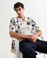wax london men's Porto - Ecru And Navy Doodle Crochet Knitted Shirt