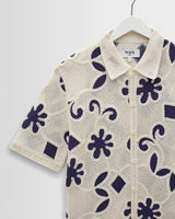 wax london men's Porto - Ecru And Navy Doodle Crochet Knitted Shirt