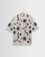 wax london men's Porto - Ecru And Navy Doodle Crochet Knitted Shirt