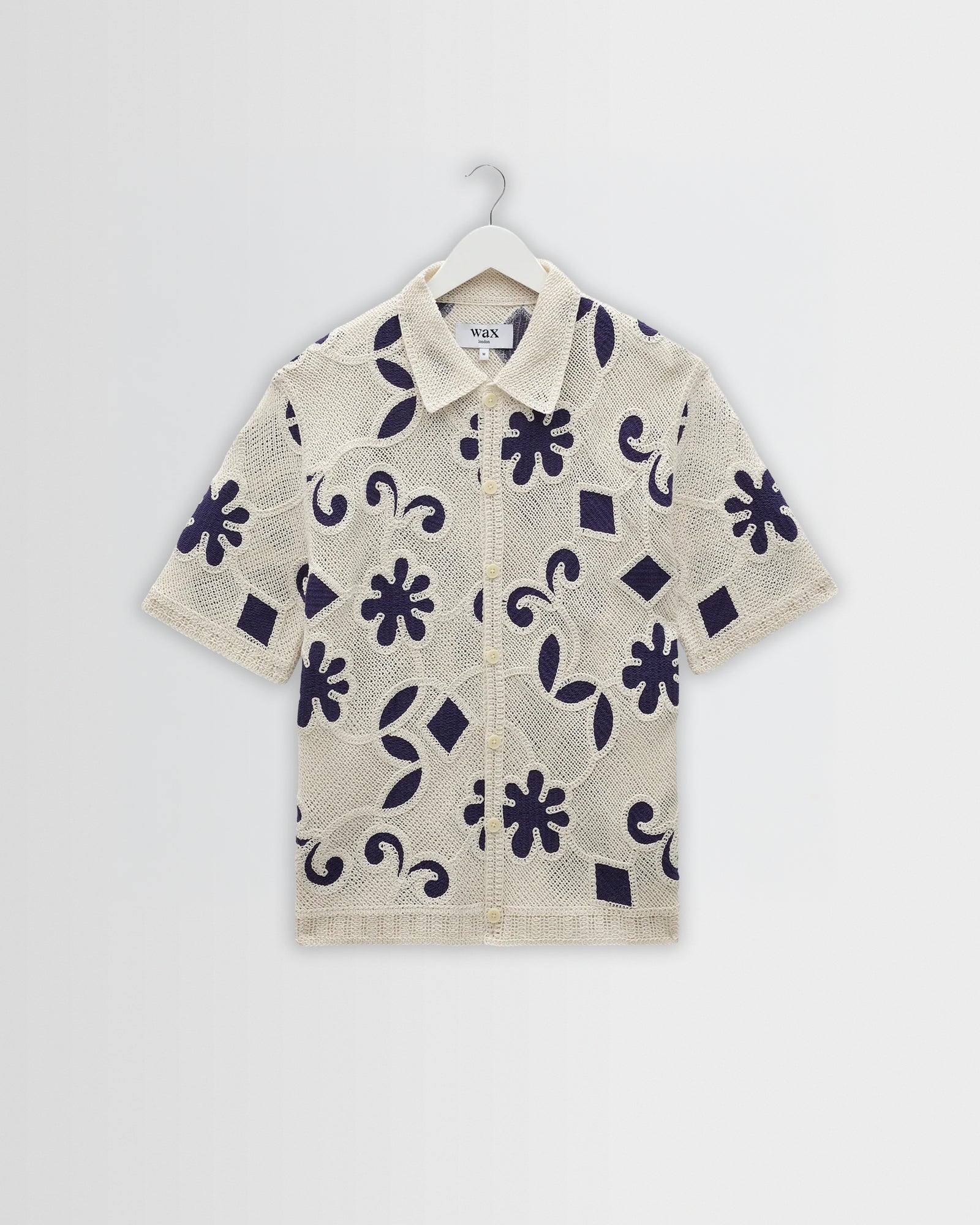 Men's Ecru And Navy Doodle Crochet Knitted Shirt | Wax London