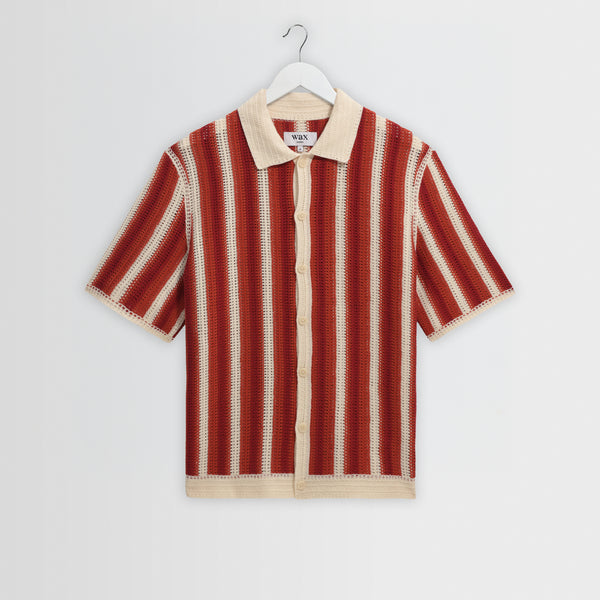 Men's Ecru And Orange Stripe Crochet Knitted Shirt | Wax London