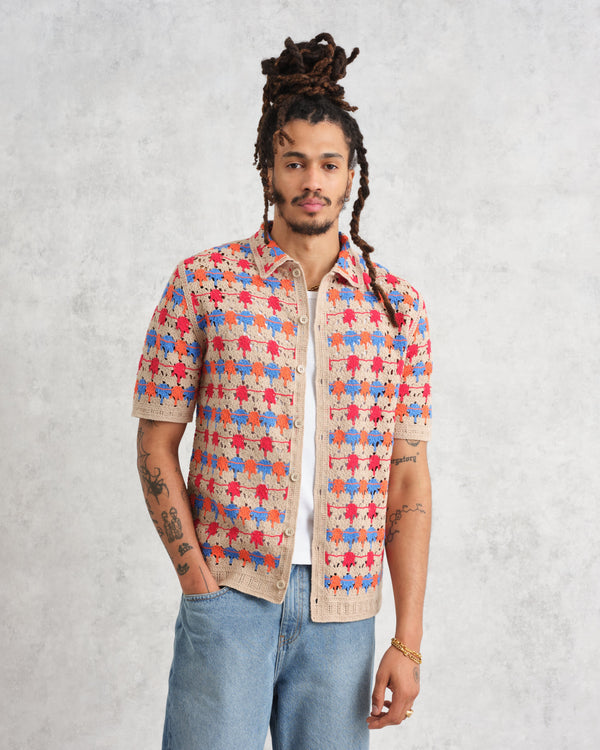 wax london men's Porto - Multicolour Splash Crochet Shirt