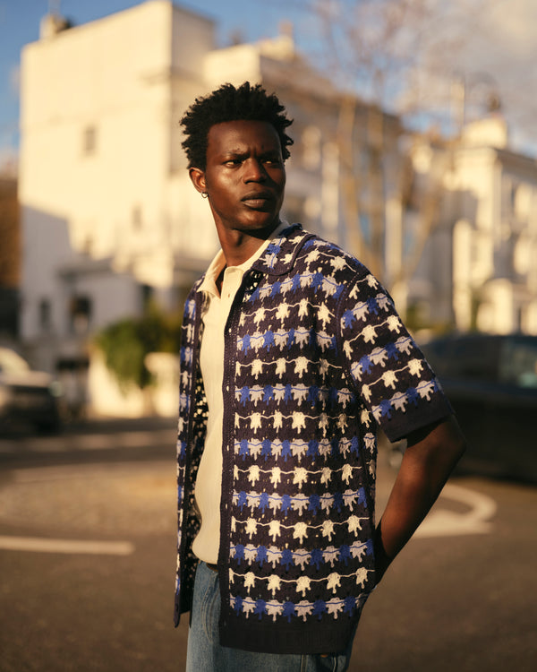 wax london men's Porto - Navy Splash Crochet Knitted Polo Shirt