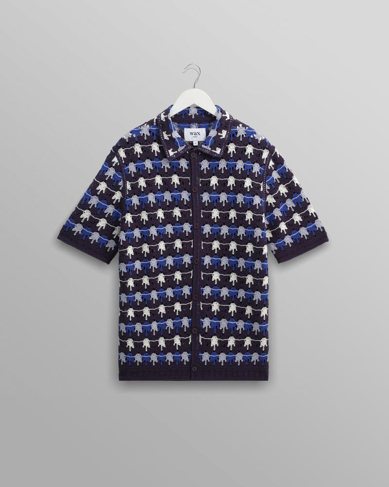 wax london Porto - Navy Splash Crochet Knitted Polo Shirt