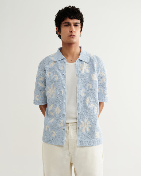 wax london men's Porto - Pale Blue Doodle Crochet Knitted Shirt