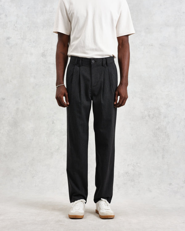 wax london Raleigh - Charcoal Herringbone Pleated Trousers