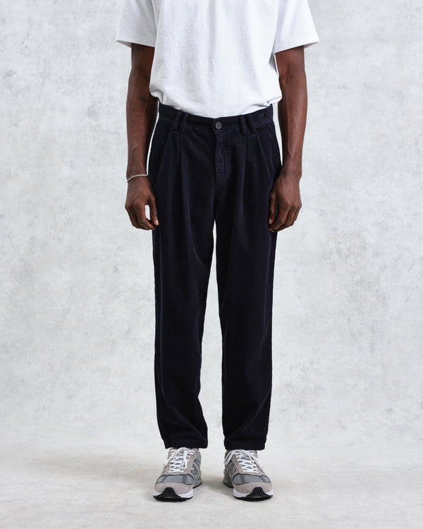 wax london Raleigh - Navy Corduroy Pleated Trousers