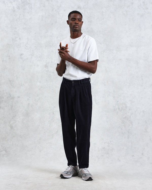 wax london Raleigh - Navy Corduroy Pleated Trousers