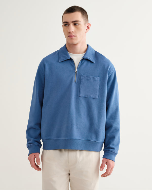 wax london men's Reeve - French Blue Loopback Organic Cotton Collared Sweatshirt