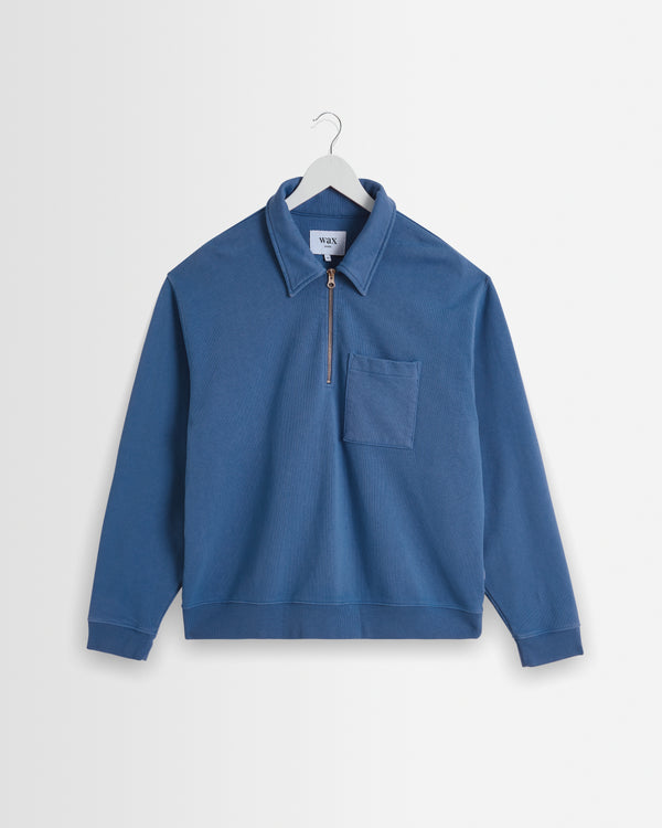 wax london men's Reeve - French Blue Loopback Organic Cotton Collared Sweatshirt