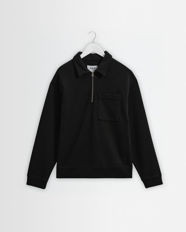 wax london men's Reeve - Washed Black Loopback Organic Cotton Collared Sweatshirt