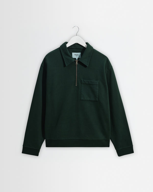 wax london men's Reeve - Washed Green Loopback Organic Cotton Collared Sweatshirt
