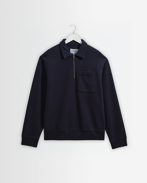Reeve - Washed Navy Loopback Organic Cotton Collared Sweatshirt