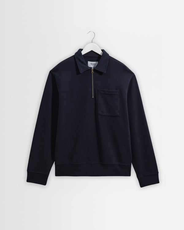 wax london men's Reeve - Washed Navy Loopback Organic Cotton Collared Sweatshirt