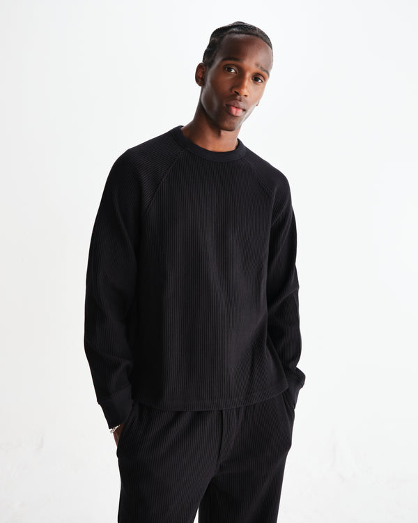 wax london men's Riley - Black Structured Waffle Crewneck Jumper