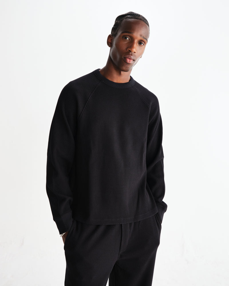 wax london men's Riley - Black Structured Waffle Crewneck Jumper